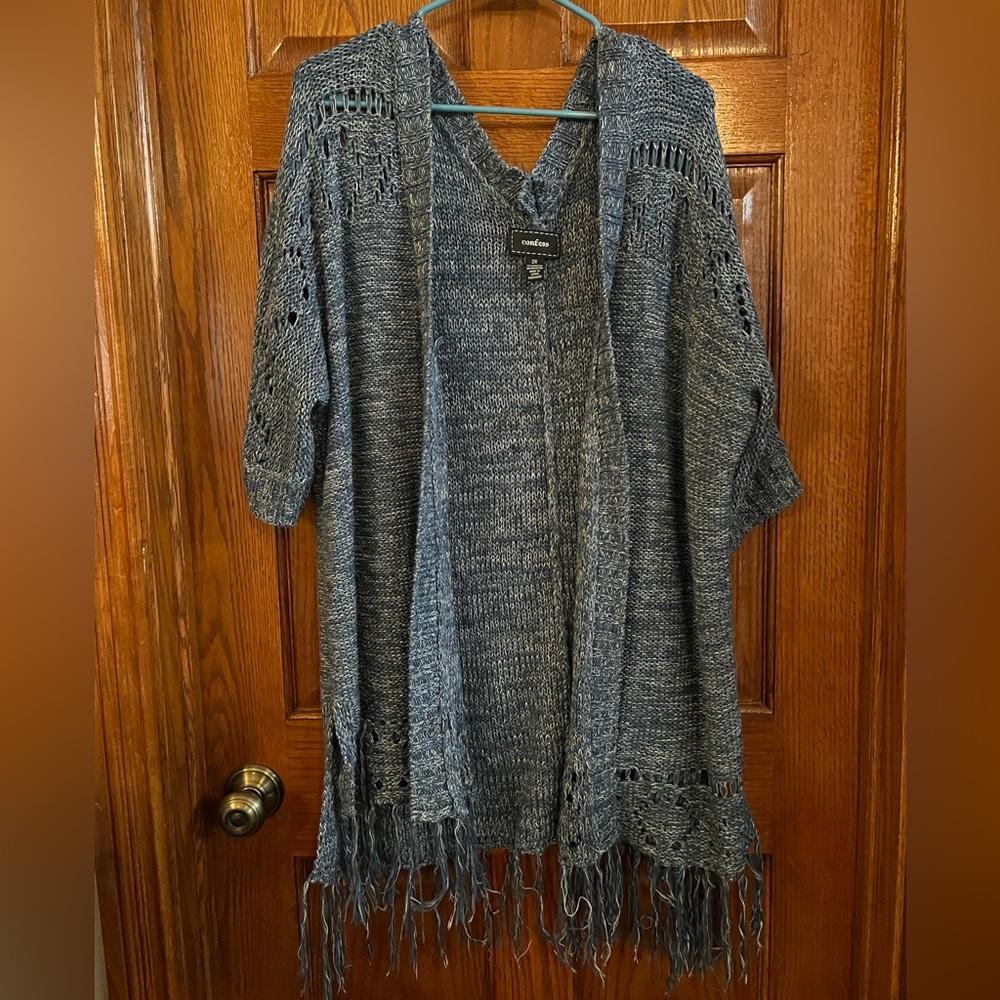 Confess 2X Open Knit Short Sleeve Cardigan Blue Fringe Details